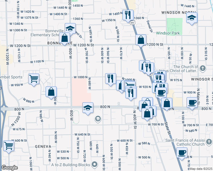 map of restaurants, bars, coffee shops, grocery stores, and more near 574 West 920 North Street in Orem