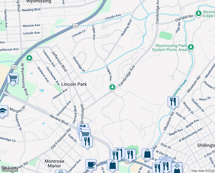 map of restaurants, bars, coffee shops, grocery stores, and more near 320 Logan Avenue in Wyomissing