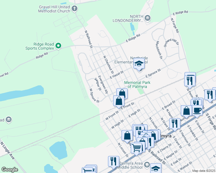 map of restaurants, bars, coffee shops, grocery stores, and more near 533 North Railroad Street in Palmyra