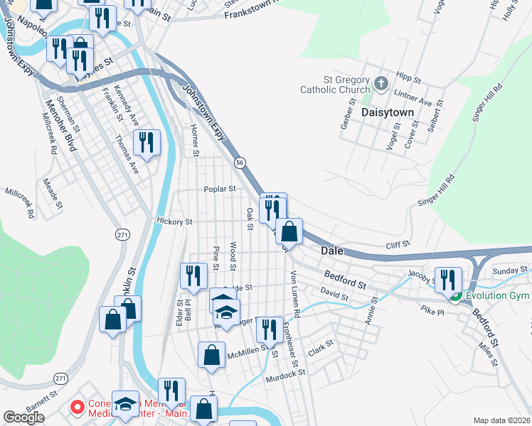 map of restaurants, bars, coffee shops, grocery stores, and more near 103 Cliff St in Johnstown
