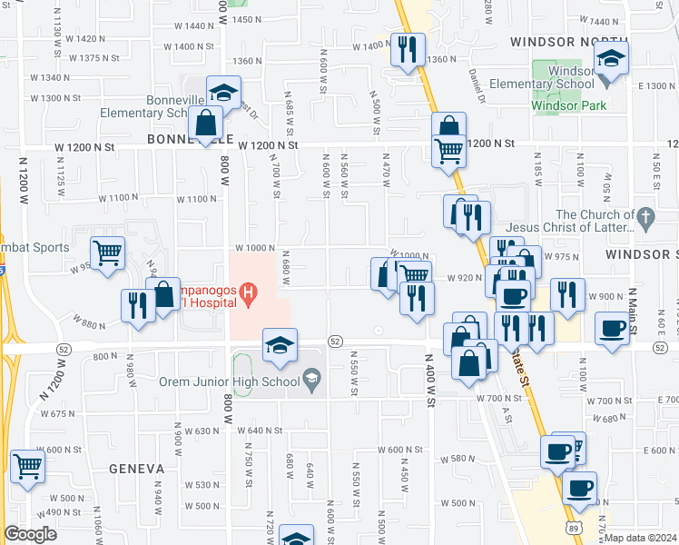 map of restaurants, bars, coffee shops, grocery stores, and more near 574 West 920 North Street in Orem
