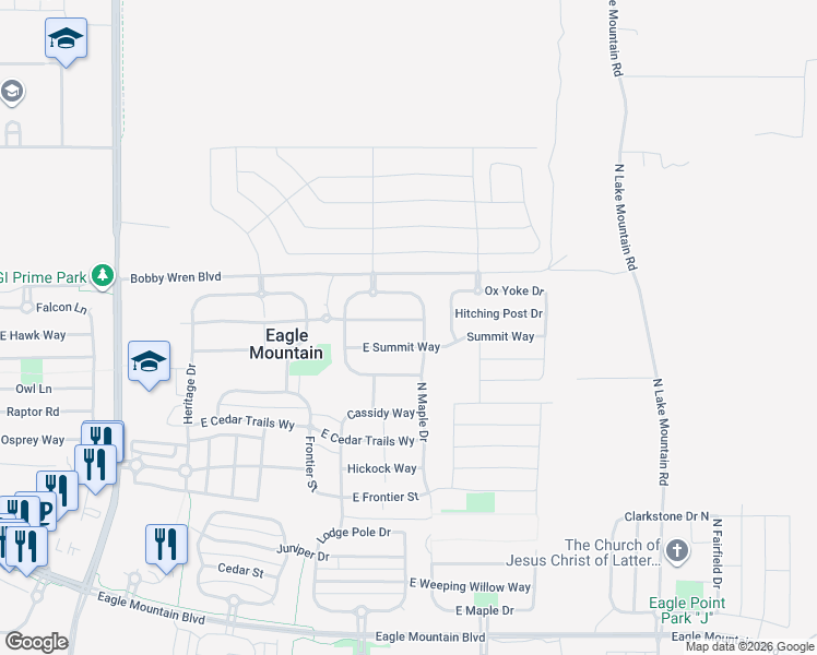 map of restaurants, bars, coffee shops, grocery stores, and more near 2190 East Summit Way in Eagle Mountain