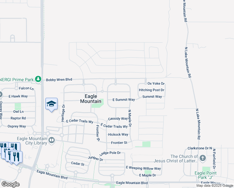 map of restaurants, bars, coffee shops, grocery stores, and more near 2114 East Summit Way in Eagle Mountain