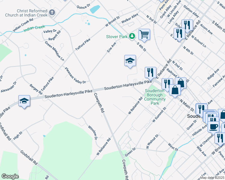 map of restaurants, bars, coffee shops, grocery stores, and more near 174 Harleysville Pike in Souderton