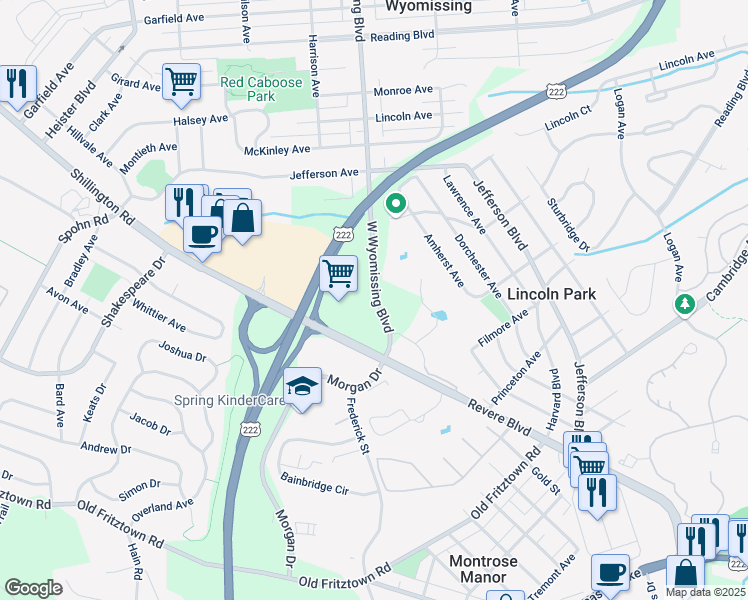 map of restaurants, bars, coffee shops, grocery stores, and more near West Wyomissing Boulevard in Reading