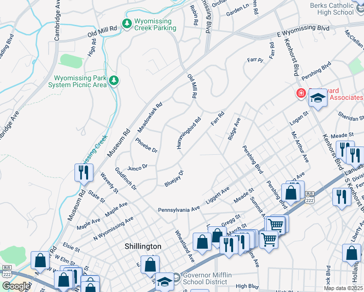 map of restaurants, bars, coffee shops, grocery stores, and more near 34 Hummingbird Road in Wyomissing