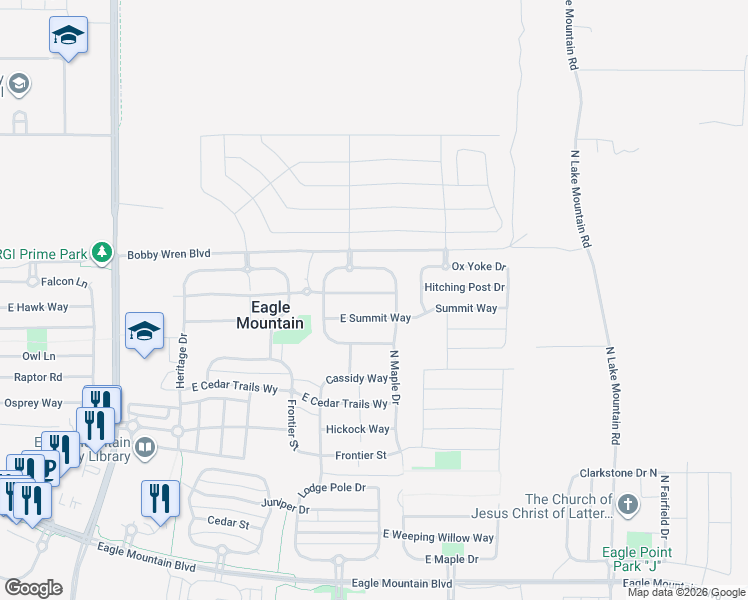 map of restaurants, bars, coffee shops, grocery stores, and more near 2164 East Revere Way in Eagle Mountain