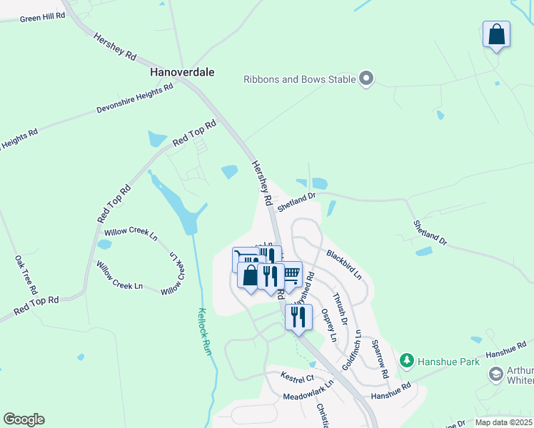map of restaurants, bars, coffee shops, grocery stores, and more near 301 Hershey Road in Hummelstown