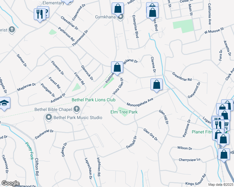 map of restaurants, bars, coffee shops, grocery stores, and more near 949 Vista Glen Drive in Bethel Park