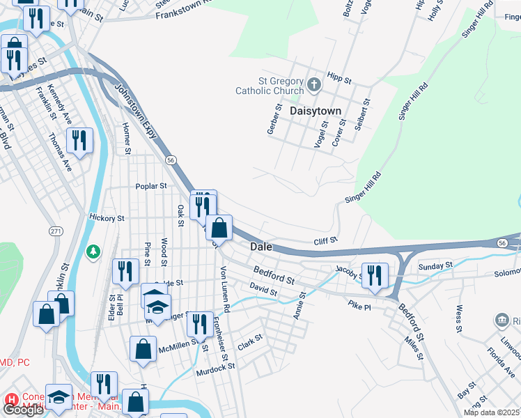 map of restaurants, bars, coffee shops, grocery stores, and more near 743 Bruce Street in Johnstown