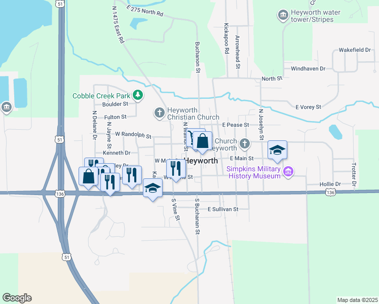 map of restaurants, bars, coffee shops, grocery stores, and more near 107 North Walnut Street in Heyworth