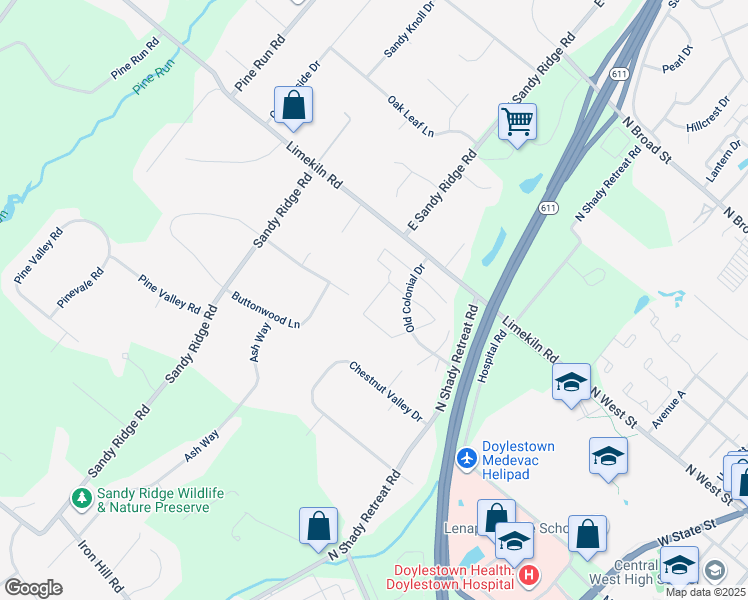 map of restaurants, bars, coffee shops, grocery stores, and more near 46 Providence Avenue in Doylestown