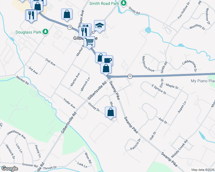 map of restaurants, bars, coffee shops, grocery stores, and more near 1516 Swamp Pike in Gilbertsville