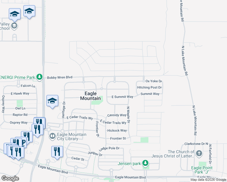 map of restaurants, bars, coffee shops, grocery stores, and more near 2102 East Revere Way in Eagle Mountain