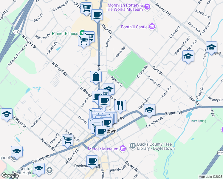 map of restaurants, bars, coffee shops, grocery stores, and more near 143 Mechanics Street in Doylestown