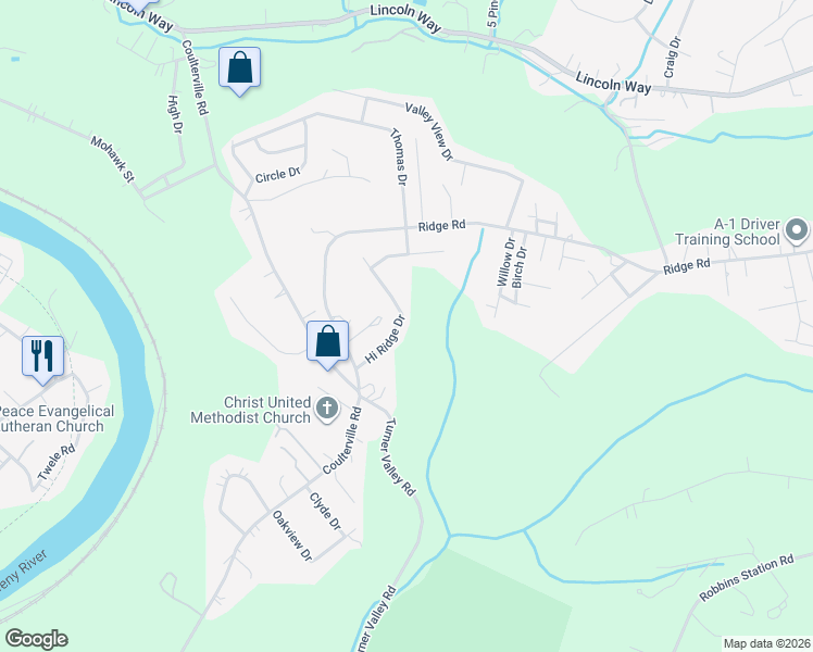 map of restaurants, bars, coffee shops, grocery stores, and more near 2539 Hi Ridge Drive in Irwin