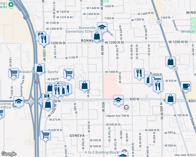 map of restaurants, bars, coffee shops, grocery stores, and more near 947 North 830 West Street in Orem