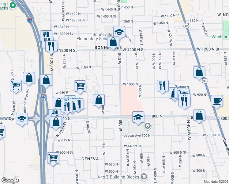 map of restaurants, bars, coffee shops, grocery stores, and more near 947 North 830 West Street in Orem