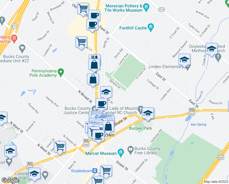 map of restaurants, bars, coffee shops, grocery stores, and more near 187 Mechanics Street in Doylestown