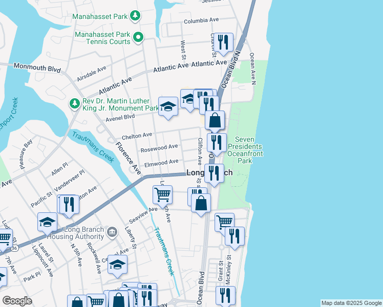 map of restaurants, bars, coffee shops, grocery stores, and more near 88 Baker Place in Long Branch