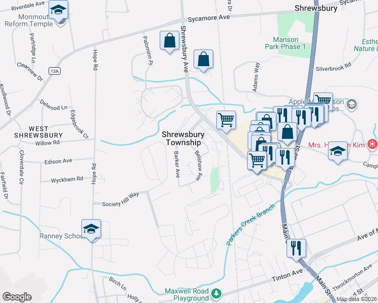 map of restaurants, bars, coffee shops, grocery stores, and more near 25 Belshaw Avenue in Eatontown