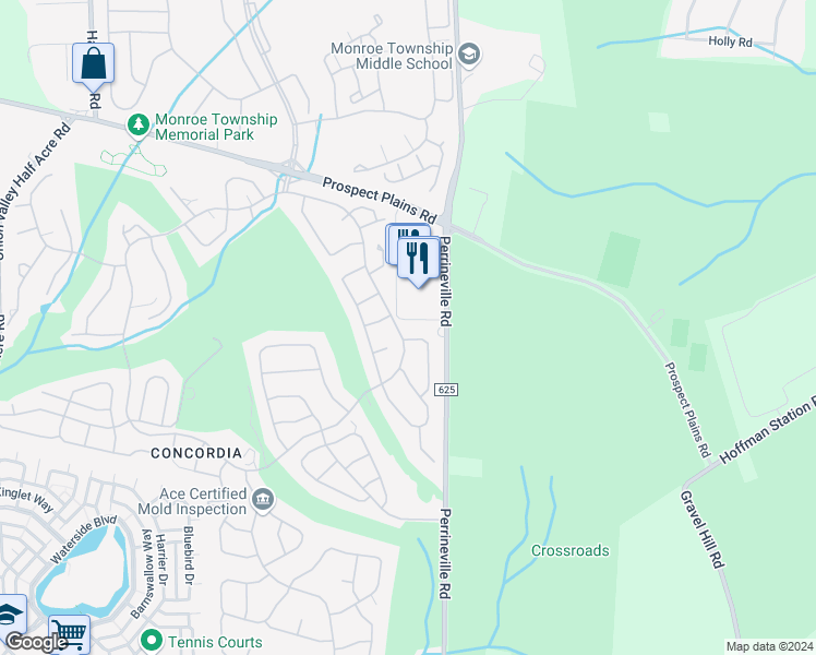 map of restaurants, bars, coffee shops, grocery stores, and more near 5A Barton Court in Monroe Township