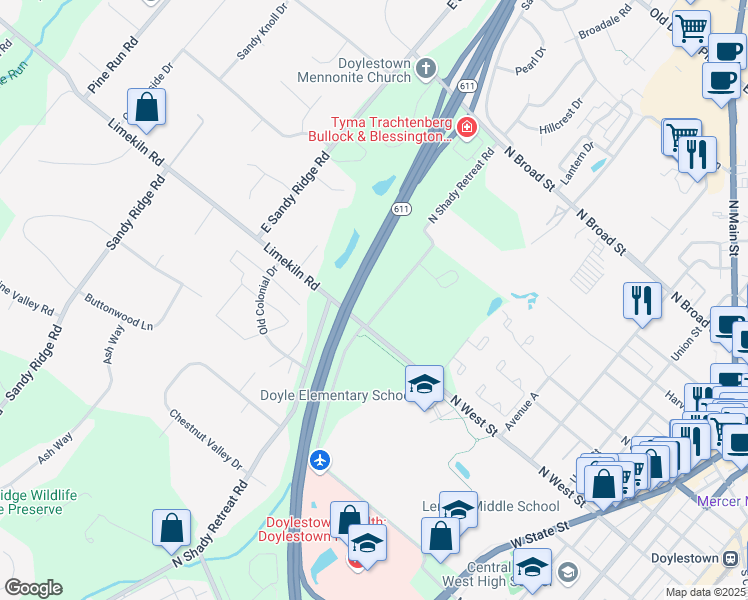 map of restaurants, bars, coffee shops, grocery stores, and more near 621 North Shady Retreat Road in Doylestown