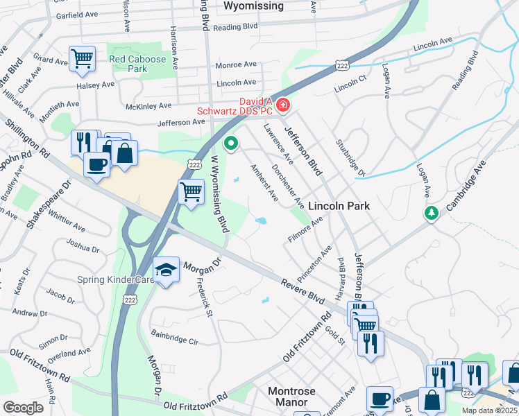 map of restaurants, bars, coffee shops, grocery stores, and more near 1352 West Wyomissing Boulevard in Reading