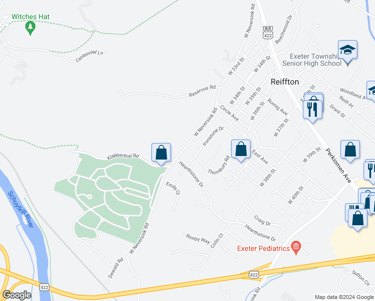 map of restaurants, bars, coffee shops, grocery stores, and more near 67 Hearthstone Drive in Reading