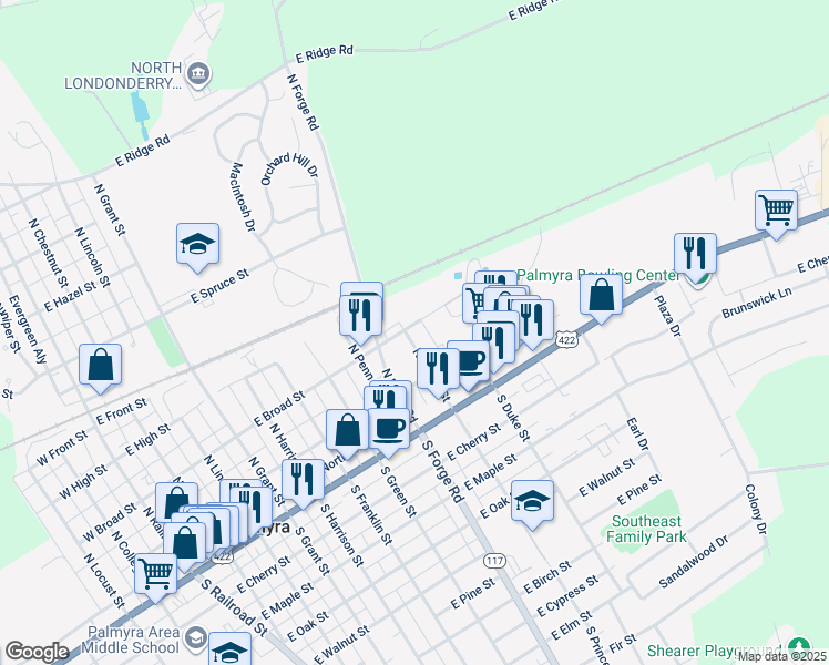 map of restaurants, bars, coffee shops, grocery stores, and more near 140 North Prince Street in Palmyra