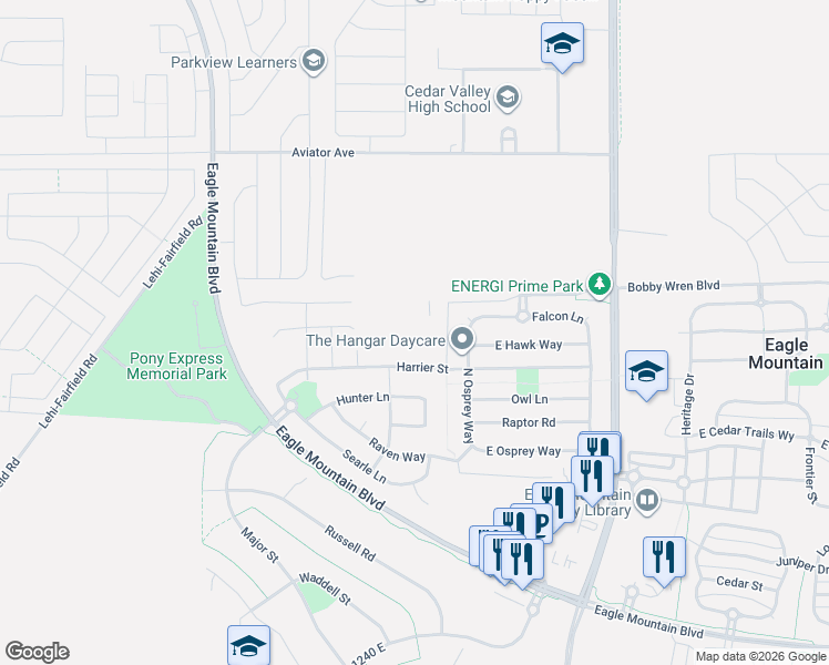 map of restaurants, bars, coffee shops, grocery stores, and more near East Blackfeet Drive in Eagle Mountain