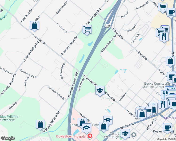 map of restaurants, bars, coffee shops, grocery stores, and more near 621 North Shady Retreat Road in Doylestown