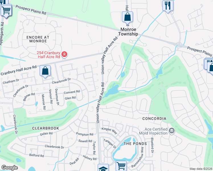 map of restaurants, bars, coffee shops, grocery stores, and more near 29A Benjamin Franklin Drive in Monroe Township