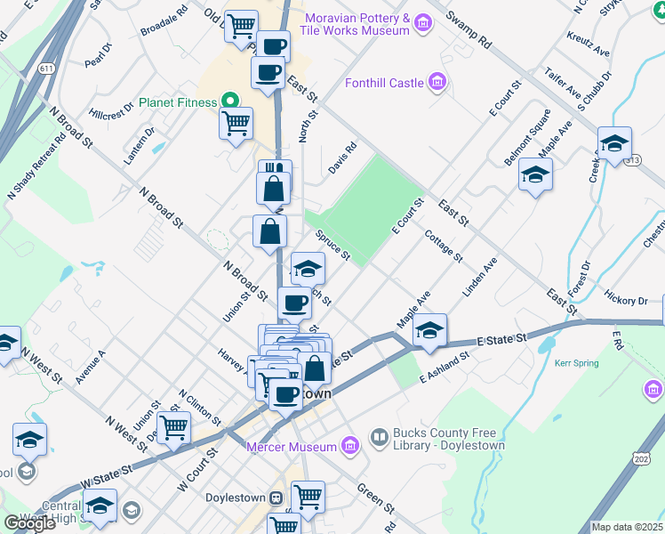 map of restaurants, bars, coffee shops, grocery stores, and more near 187 Mechanics Street in Doylestown