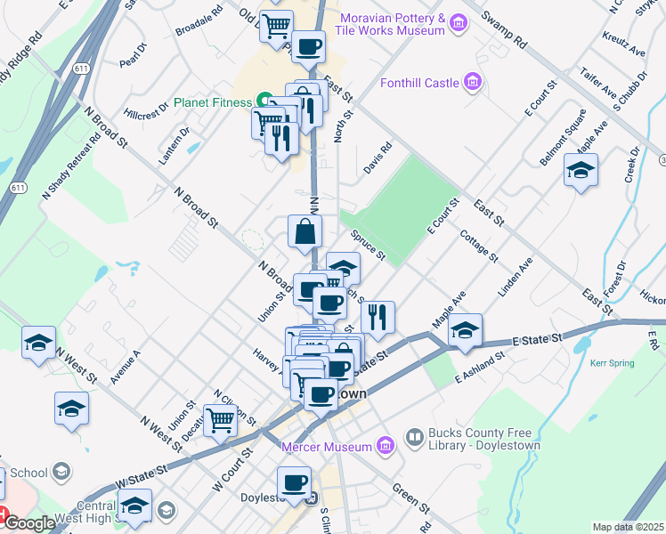 map of restaurants, bars, coffee shops, grocery stores, and more near 145 Selner Lane in Doylestown