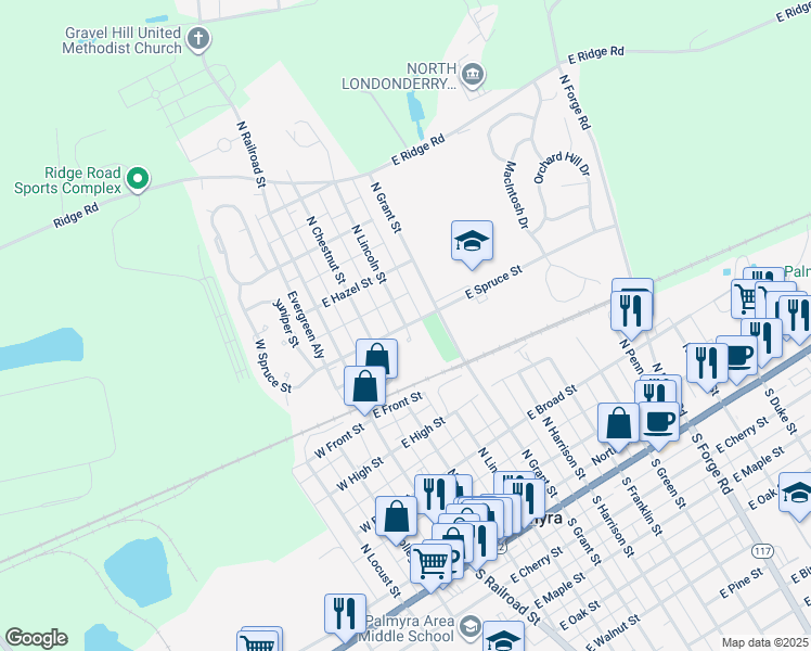 map of restaurants, bars, coffee shops, grocery stores, and more near 500 North Lincoln Street in Palmyra