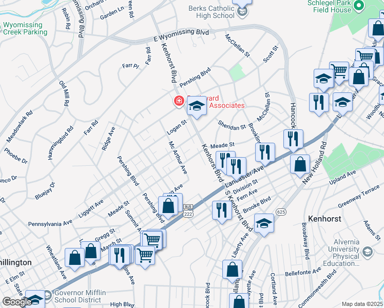 map of restaurants, bars, coffee shops, grocery stores, and more near 1329 Meade Street in Reading