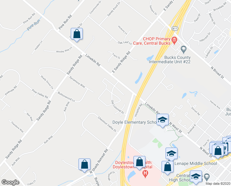 map of restaurants, bars, coffee shops, grocery stores, and more near 57 Carriage Drive in Doylestown