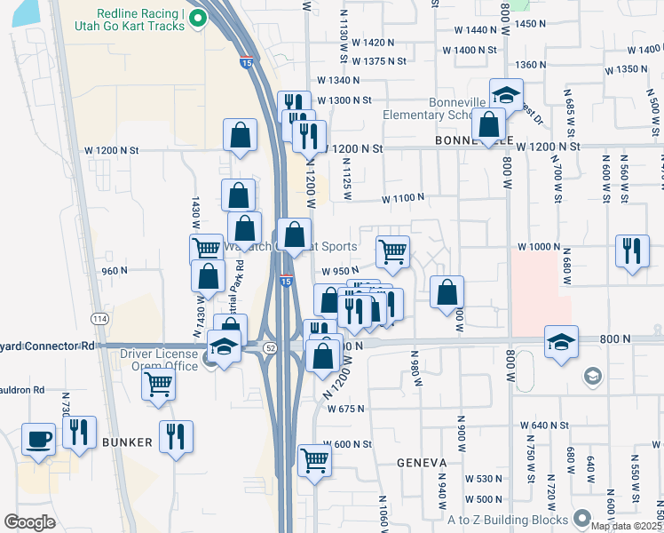 map of restaurants, bars, coffee shops, grocery stores, and more near 1140 West 950 North in Orem