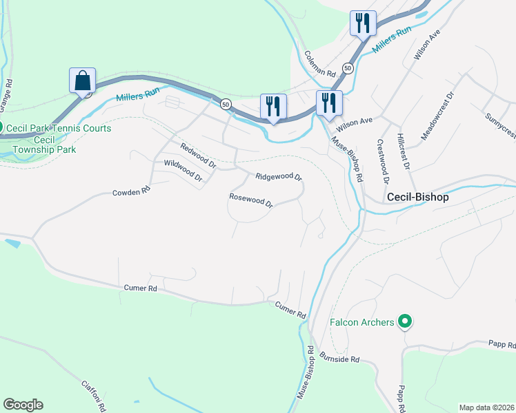 map of restaurants, bars, coffee shops, grocery stores, and more near 302 Rosewood Drive in McDonald