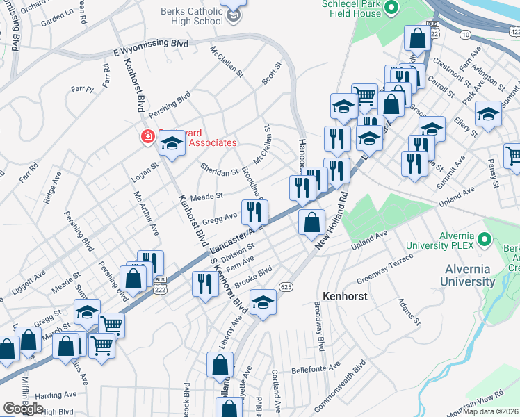 map of restaurants, bars, coffee shops, grocery stores, and more near 106 Brookline Plaza in Reading