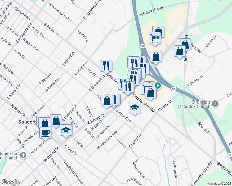 map of restaurants, bars, coffee shops, grocery stores, and more near 64 North County Line Road in Souderton