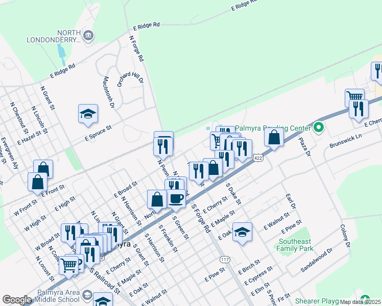 map of restaurants, bars, coffee shops, grocery stores, and more near 140 North Prince Street in Palmyra