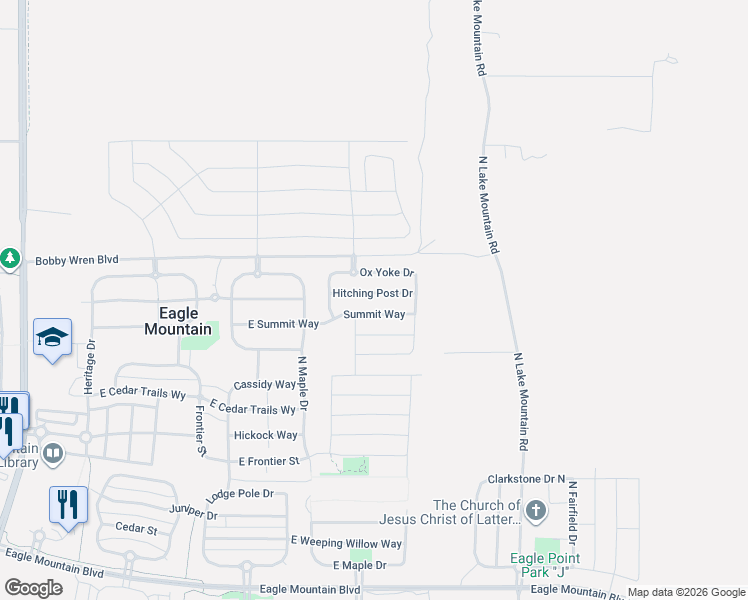 map of restaurants, bars, coffee shops, grocery stores, and more near 2368 Hitching Post Drive in Eagle Mountain