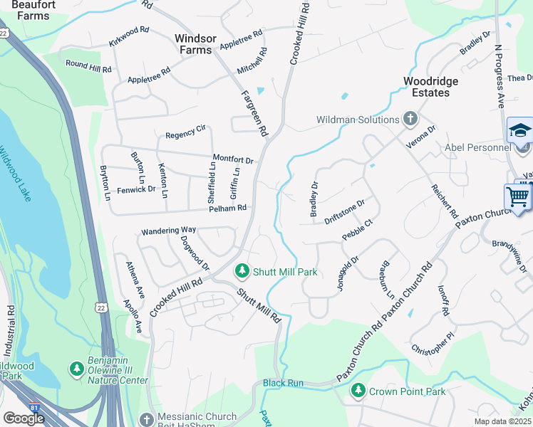 map of restaurants, bars, coffee shops, grocery stores, and more near 3625 Crooked Hill Road in Harrisburg