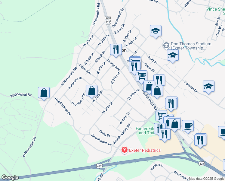 map of restaurants, bars, coffee shops, grocery stores, and more near 201 West 37th Street in Reading