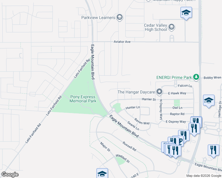 map of restaurants, bars, coffee shops, grocery stores, and more near 1170 Blackfeet Drive in Eagle Mountain