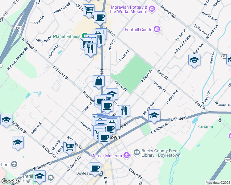 map of restaurants, bars, coffee shops, grocery stores, and more near 160 Selner Lane in Doylestown