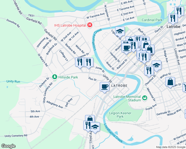 map of restaurants, bars, coffee shops, grocery stores, and more near 571 Unity Street in Latrobe