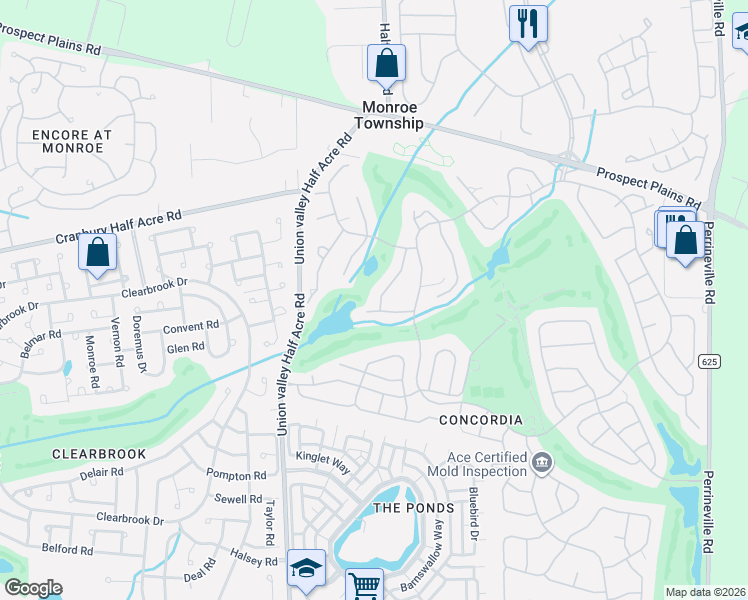 map of restaurants, bars, coffee shops, grocery stores, and more near 22A James Monroe Drive in Monroe Township